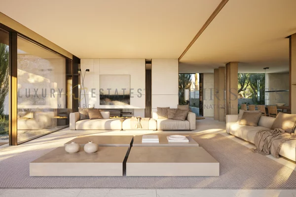 moderna villa de nueva construcción en cala vinyas con jardín mediterráneo y gran piscina