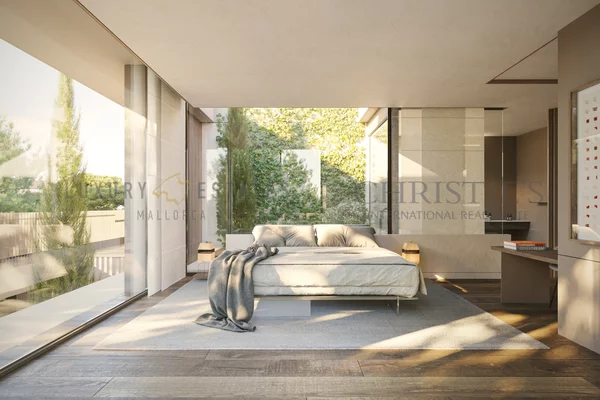 moderna villa de nueva construcción en cala vinyas con jardín mediterráneo y gran piscina